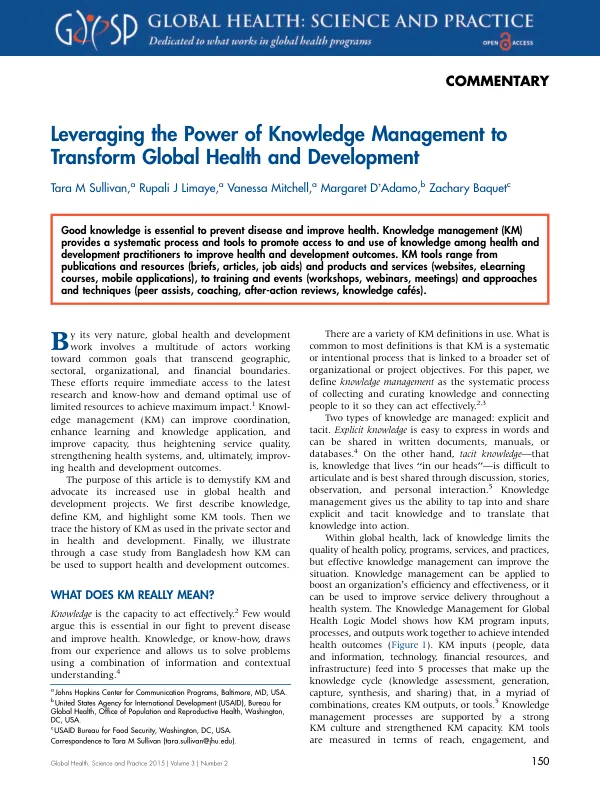 Leveraging the Power of Knowledge Management to Transform Global Health and Development
