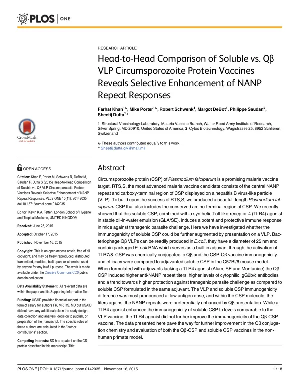 Head-to-Head Comparison of Soluble vs. Qβ VLP Circumsporozoite Protein Vaccines Reveals Selective Enhancement of NANP Repeat Responses