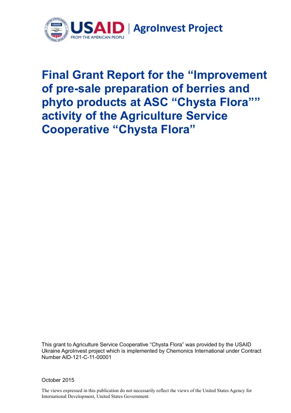 Final Grant Report for the Improvement of pre-sale preparation of berries and phyto products at ASC Chysta Flora