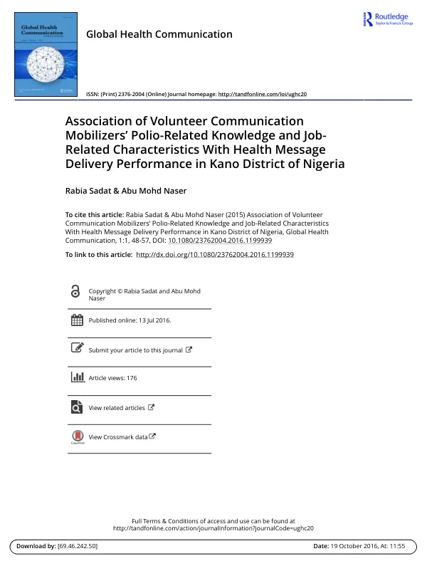 Association of Volunteer Communication Mobilizers’ Polio-Related Knowledge and Job-Related Characteristics With Health Message Delivery Performance in Kano District of Nigeria