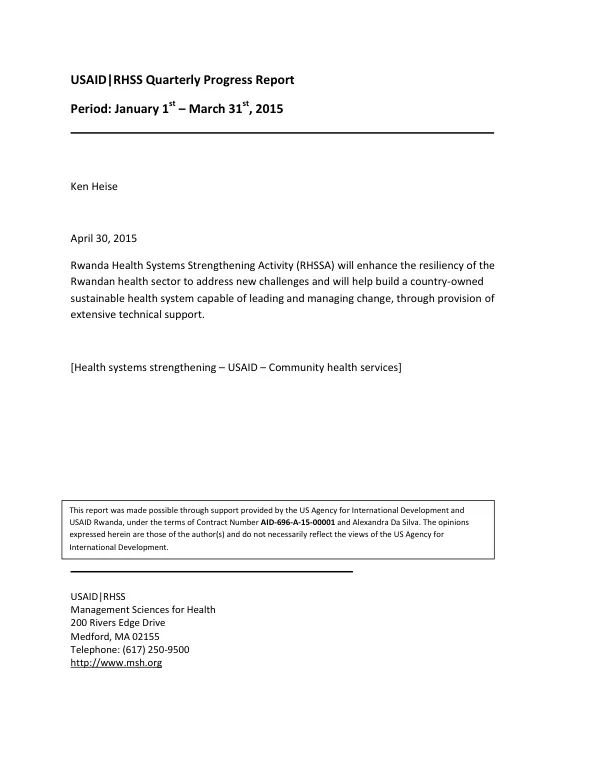 USAID|RHSS Quarterly Progress Report January 1st – March 31st, 2015