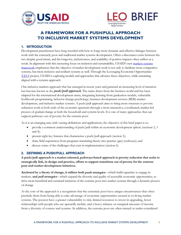 A FRAMEWORK FOR A PUSH/PULL APPROACH TO INCLUSIVE MARKET SYSTEMS DEVELOPMENT