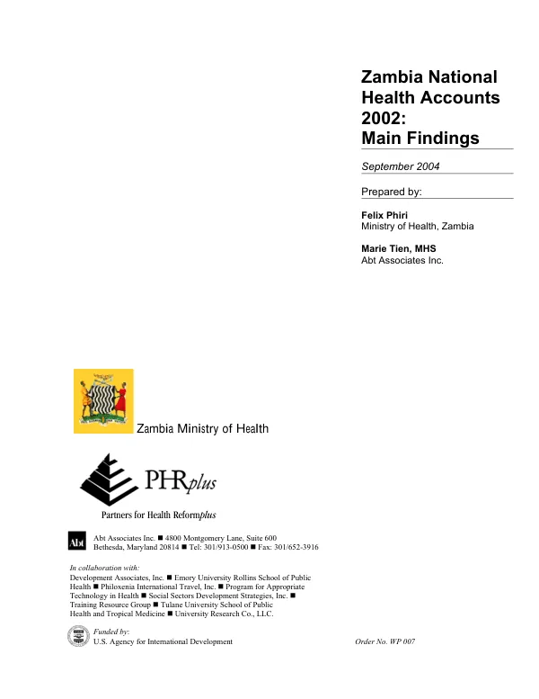 Zambia national health accounts 2002 : main findings