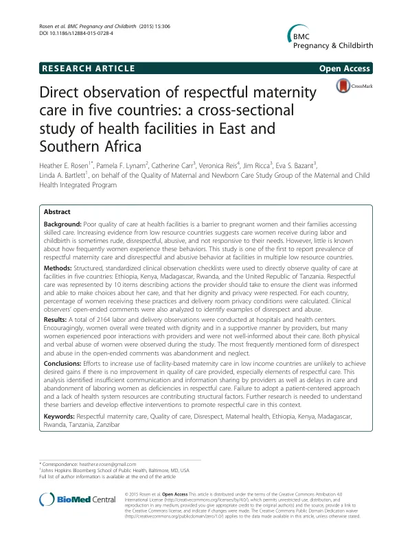 Direct observation of respectful maternity care in five countries: a cross-sectional study of health facilities in East and Southern Africa