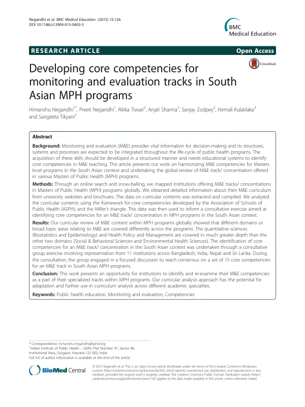 Developing core competencies for monitoring and evaluation tracks in South Asian MPH programs
