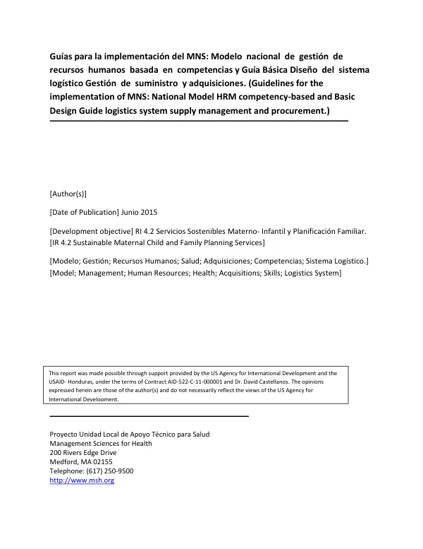 Guías para la implementación del MNS: Modelo nacional de gestión de recursos humanos basada en competencias y Guía Básica Diseño del sistema logístico Gestión de suministro y adquisiciones