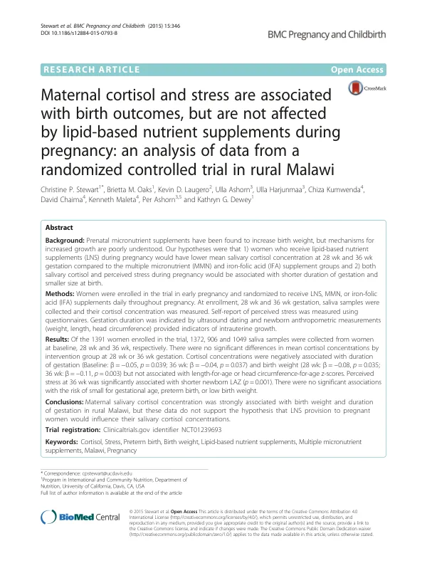 Maternal cortisol and stress are associated with birth outcomes, but are not affected by lipid-based nutrient supplements during pregnancy: an analysis of data from a randomized controlled trial in rural Malawi