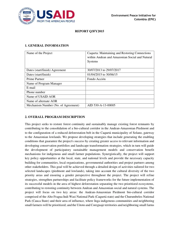 Environment Peace Initiative for Colombia (EPIC) REPORT Q3FY2015