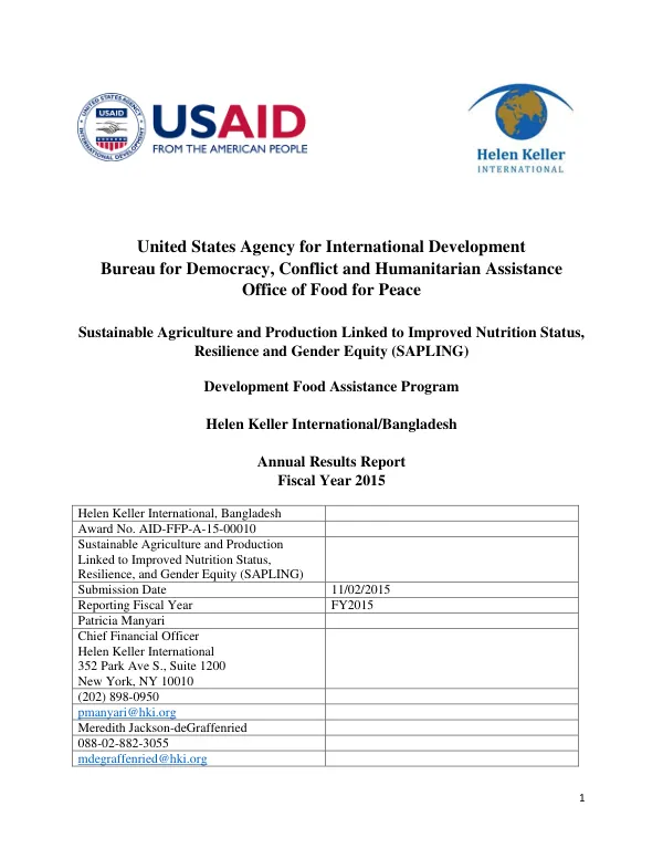 Annual Results Report: Sustainable Agriculture and Production Linked to Improved Nutrition Status, Resilience and Gender Equity (SAPLING)