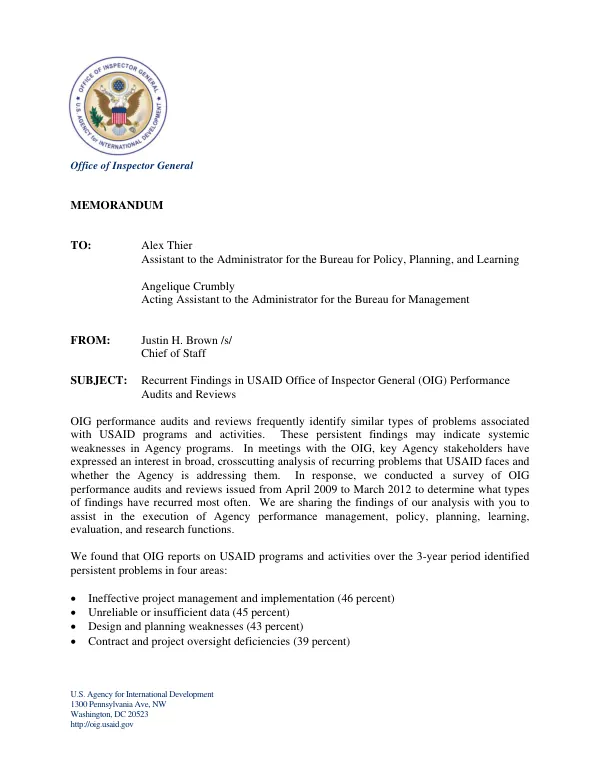 Recurrent Findings in USAID Office of Inspector General (OIG) Performance Audits and Reviews