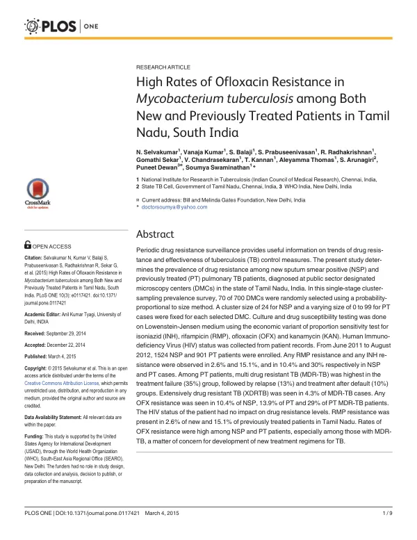 High Rates of Ofloxacin Resistance in Mycobacterium tuberculosis among Both New and Previously Treated Patients in Tamil Nadu, South India