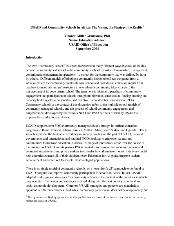 USAID and community schools in Africa : the vision, the strategy, the reality