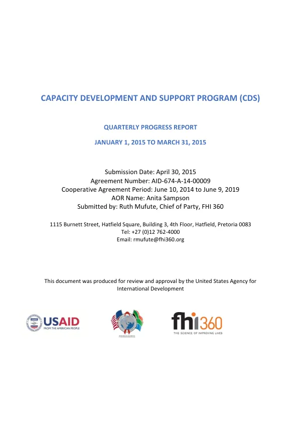 Capacity Development and Support Program (CDS) Quarterly Progress Report January 1, 2015 to March 31, 2015
