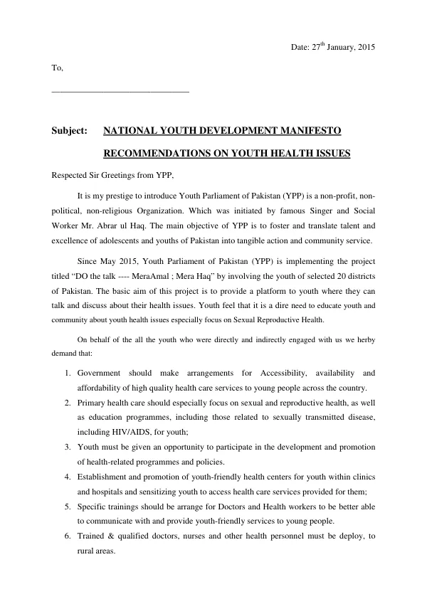 NATIONAL YOUTH DEVELOPMENT MANIFESTO RECOMMENDATIONS ON YOUTH HEALTH ISSUES