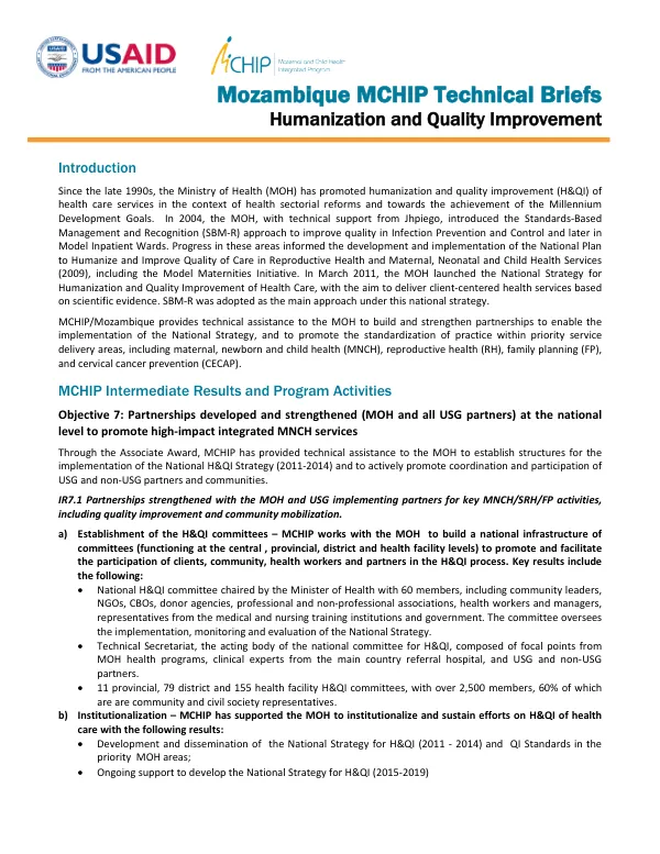 Mozambique MCHIP Technical Briefs: Humanization and Quality Improvement