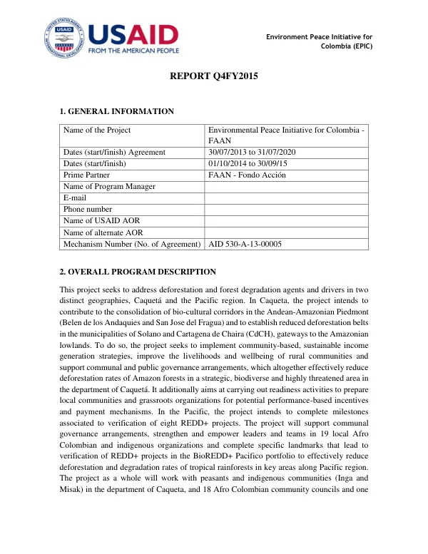 Environment Peace Initiative for Colombia (EPIC) REPORT Q4FY2015