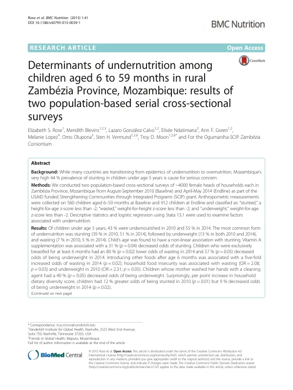Determinants of undernutrition among children aged 6 to 59 months in rural Zambézia Province, Mozambique: results of two population-based serial cross-sectional surveys
