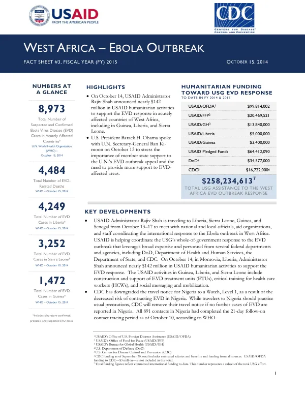 West Africa – Ebola Outbreak Fact Sheet #3, Fiscal Year (FY) 2015