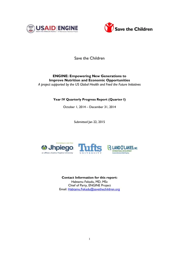 Year IV Quarterly Progress Report (Quarter I): Empowering New Generations to Improve Nutrition and Economic Opportunities