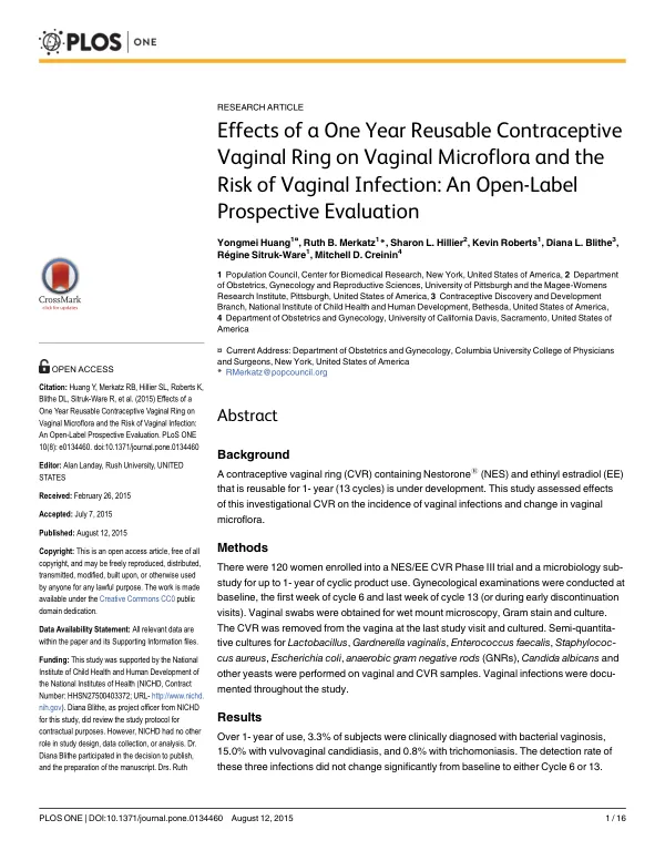 Effects of a One Year Reusable Contraceptive Vaginal Ring on Vaginal Microflora and the Risk of Vaginal Infection: An Open-Label Prospective Evaluation