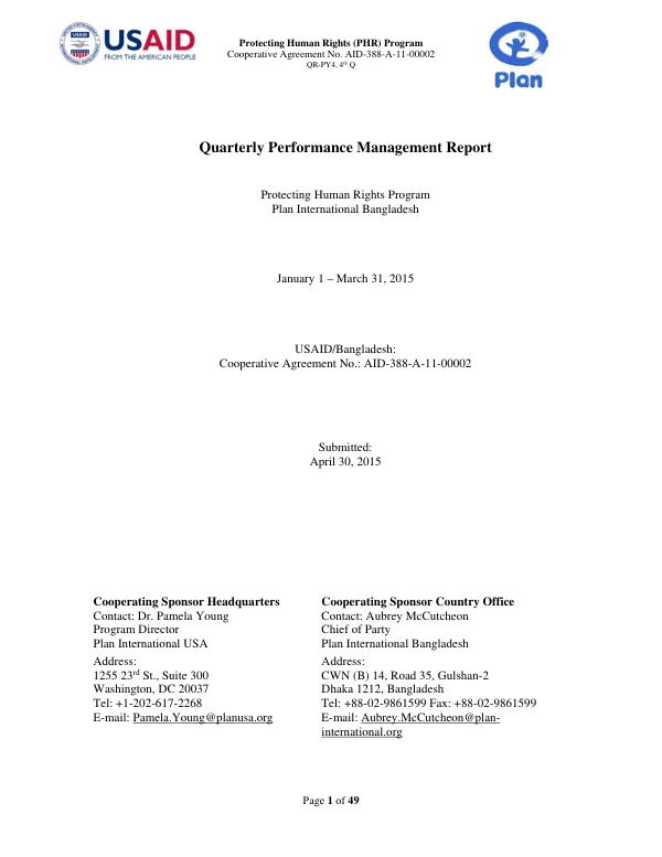 Quarterly Performance Management Report: Protecting Human Rights (PHR) Program