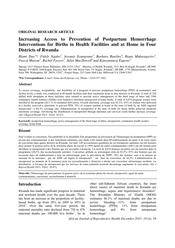 Increasing Access to Prevention of Postpartum Hemorrhage Interventions for Births in Health Facilities and at Home in Four Districts of Rwanda
