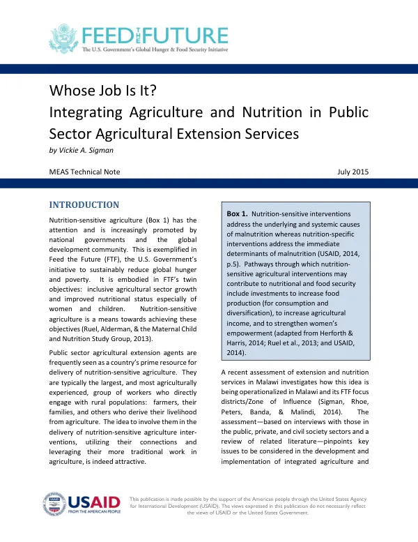 Integrating Agriculture and Nutrition in Public Sector Agricultural Extension Services