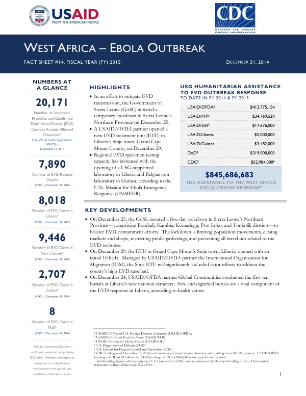 West Africa – Ebola Outbreak Fact Sheet #14, Fiscal Year (FY) 2015