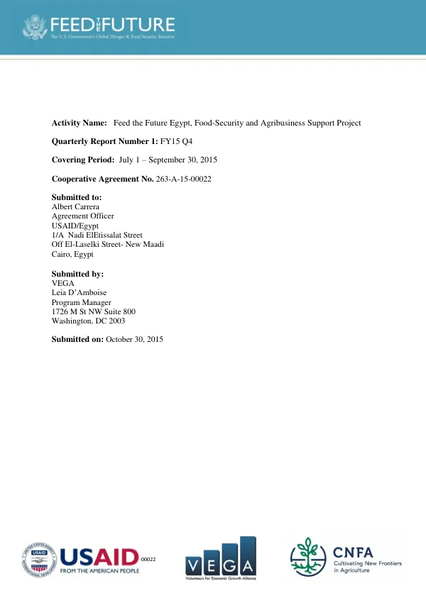 Quarterly Report #1 FY15 Q4: Feed the Future Egypt, Food-Security and Agribusiness Support Project