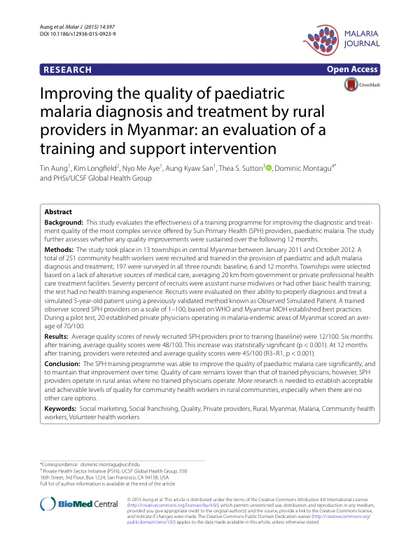 Improving the quality of paediatric malaria diagnosis and treatment by rural providers in Myanmar: an evaluation of a training and support intervention