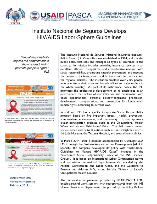 Instituto Nacional de Seguros Develops HIV/AIDS Labor-Sphere Guidelines