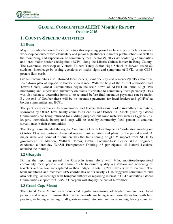ALERT Monthly Report – October 2015