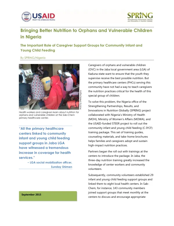 Bringing Better Nutrition to Orphans and Vulnerable Children in Nigeria: The Important Role of Caregiver Support Groups for Community Infant and Young Child Feeding