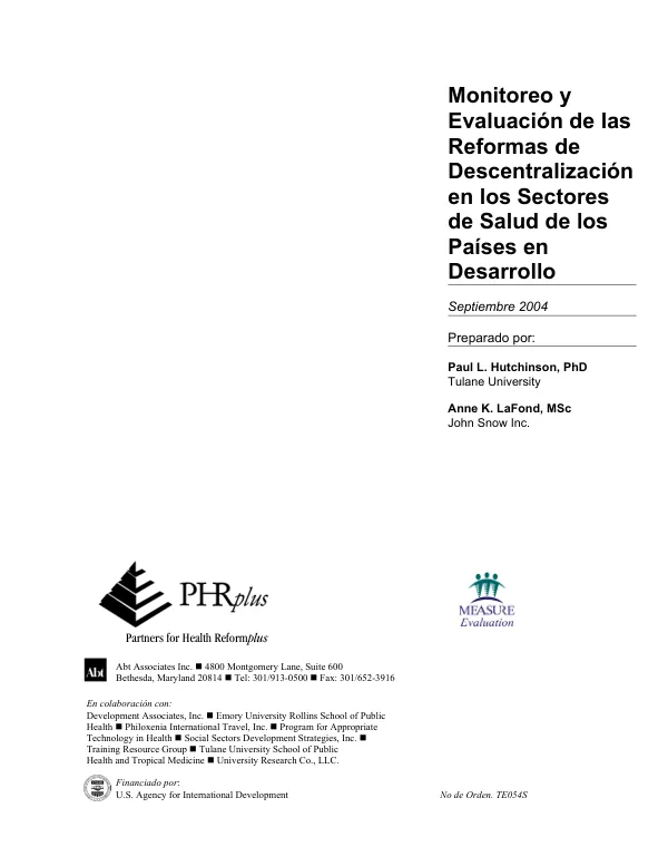 Monitoreo y evaluacion de las reformas de descentralizacion en los sectores de salud de los paises en desarrollo