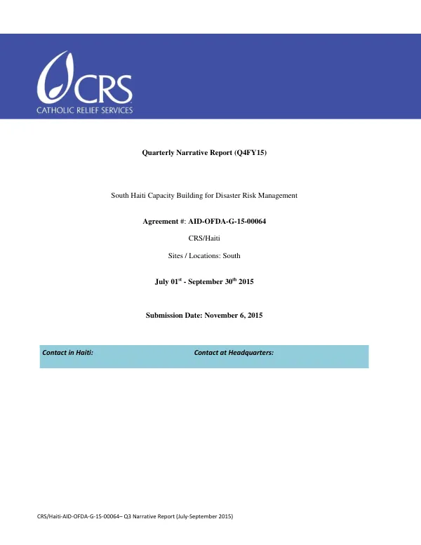 Quarterly Narrative Report (Q4FY15) South Haiti Capacity Building for Disaster Risk Management