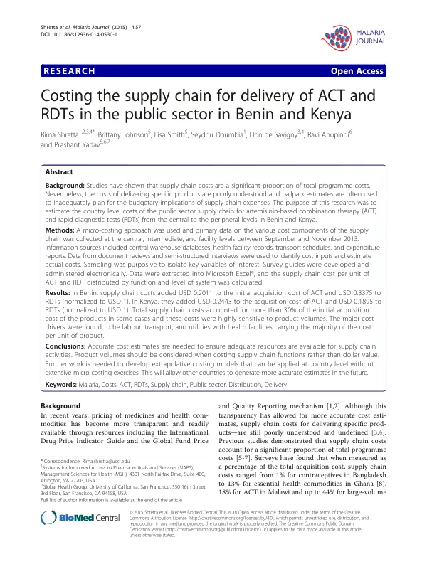 Costing the supply chain for delivery of ACT and RDTs in the public sector in Benin and Kenya
