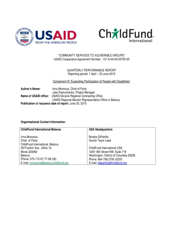 Community Services to Vulnerable Groups: Expanding Participation of People with Disabilities Quarterly report April – June 2015