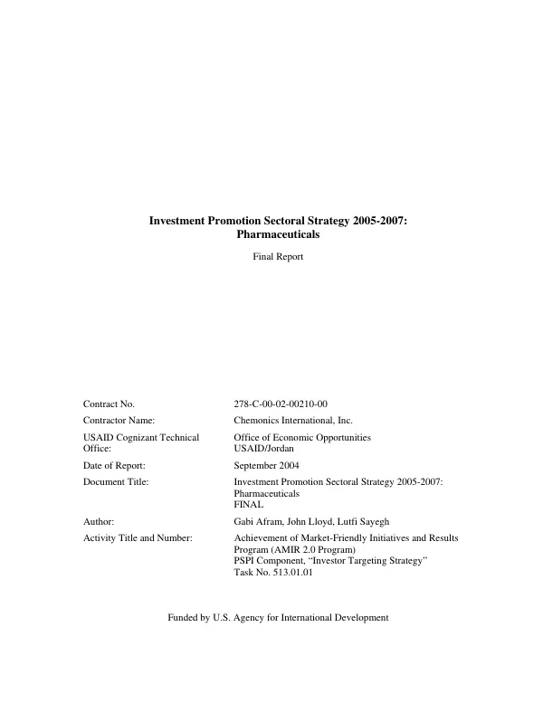 Investment promotion sectoral strategy 2005-2007 : pharmaceuticals -- final report