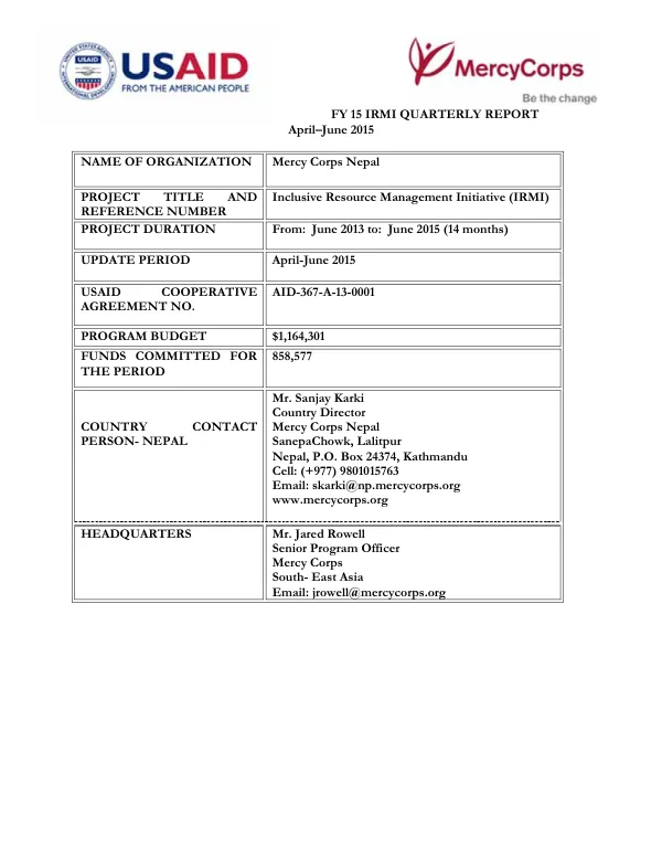 USAID/DCHA/CMM 2012 Nepal (Inclusive Resource Management Initiative IRMI) Quarterly Report, April-June 2015