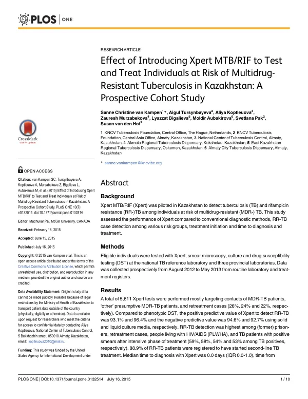 Effect of Introducing Xpert MTB/RIF to Test and Treat Individuals at Risk of Multidrug-Resistant Tuberculosis in Kazakhstan: A Prospective Cohort Study