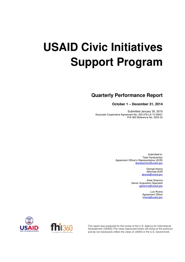 USAID Civic Initiatives Support Program (USAID CIS) – Quarterly Performance Report #5