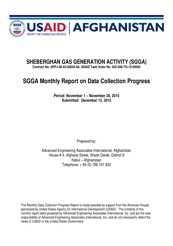 Sheberghan Gas Generation Activity (SGGA) Monthly Report on Data Collection Progress