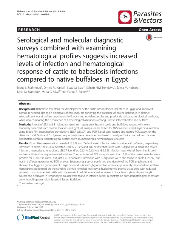 Serological and molecular diagnostic surveys combined with examining hematological profiles suggests increased levels of infection and hematological response of cattle to babesiosis infections compared to native buffaloes in Egypt