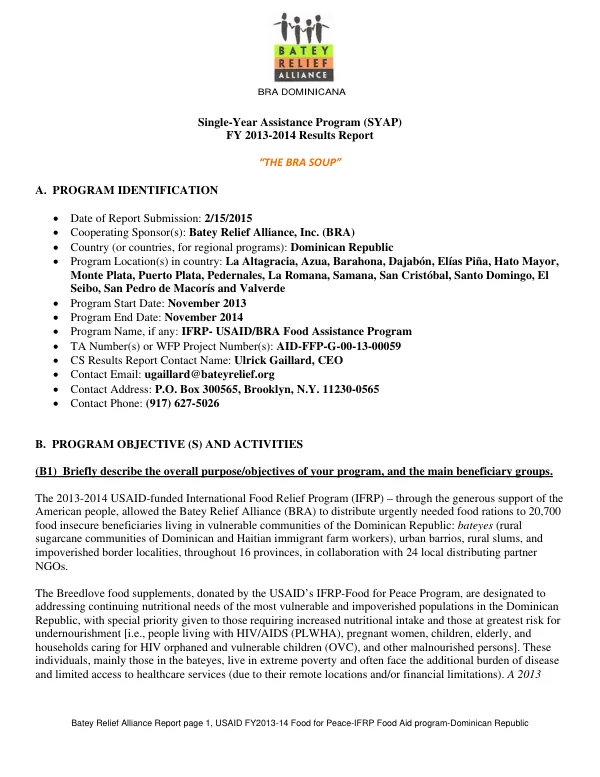 Single-Year Assistance Program (SYAP) FY 2013-2014 Results Report