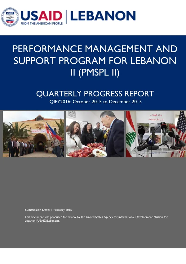 USAID/Performance Management and Support Program for Lebanon II, Quarterly Progress Report Q3 FY 2015