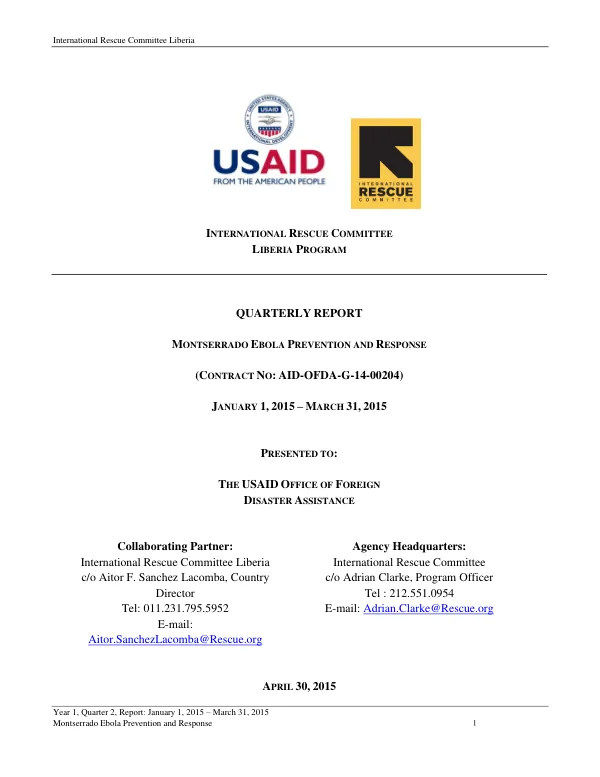 Year 1, Quarter 2, Report: Montserrado Ebola Prevention and Response