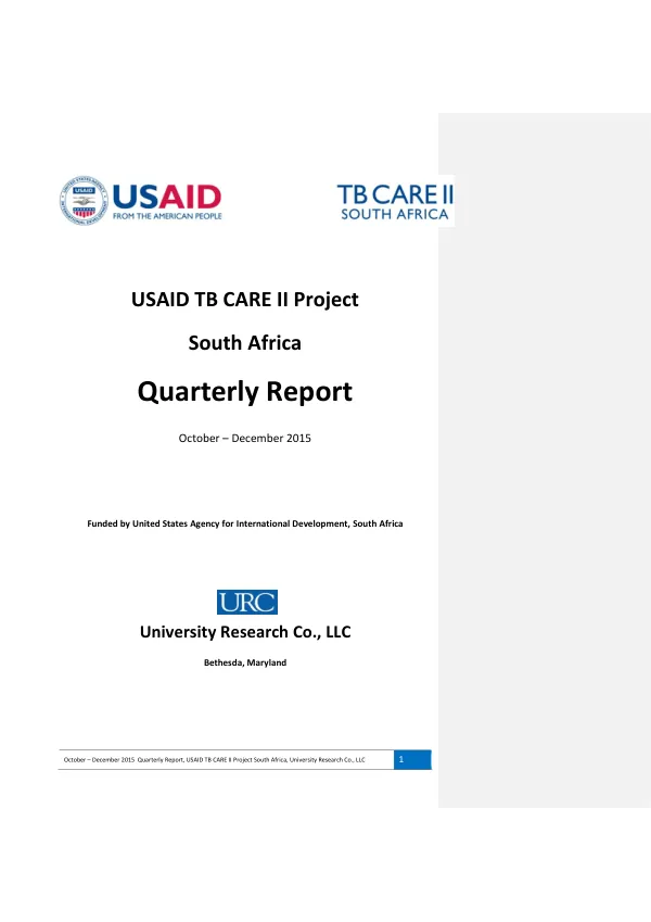 Quarterly Report: USAID TB CARE II Project South Africa, October – December 2015