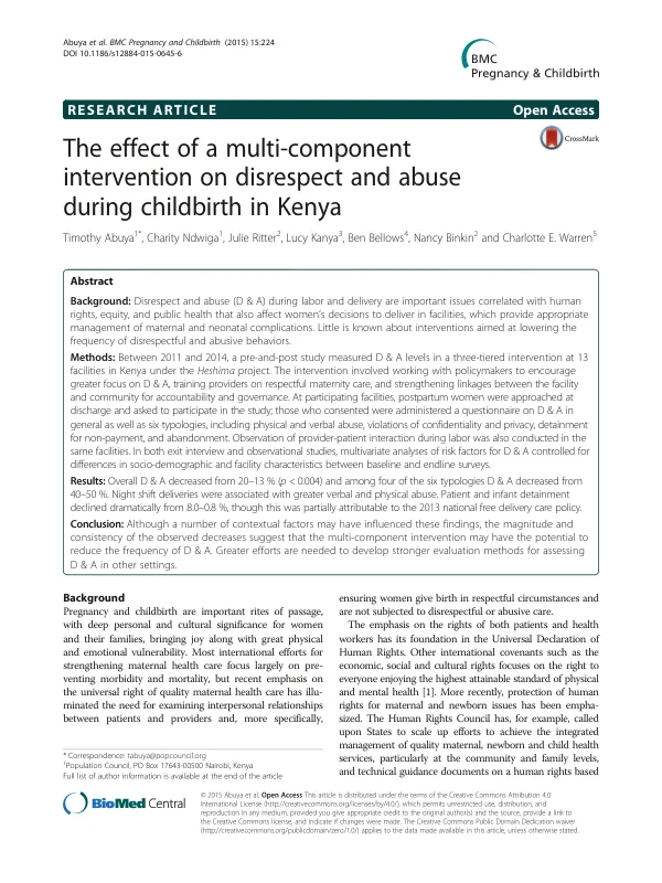 The effect of a multi-component intervention on disrespect and abuse during childbirth in Kenya