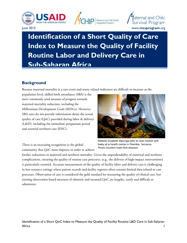 Identification of a Short QoC Index to Measure the Quality of Facility Routine L&D Care in Sub-Saharan Africa