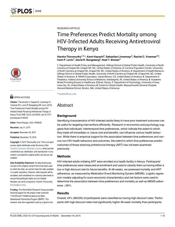 Time Preferences Predict Mortality among HIV-Infected Adults Receiving Antiretroviral Therapy in Kenya